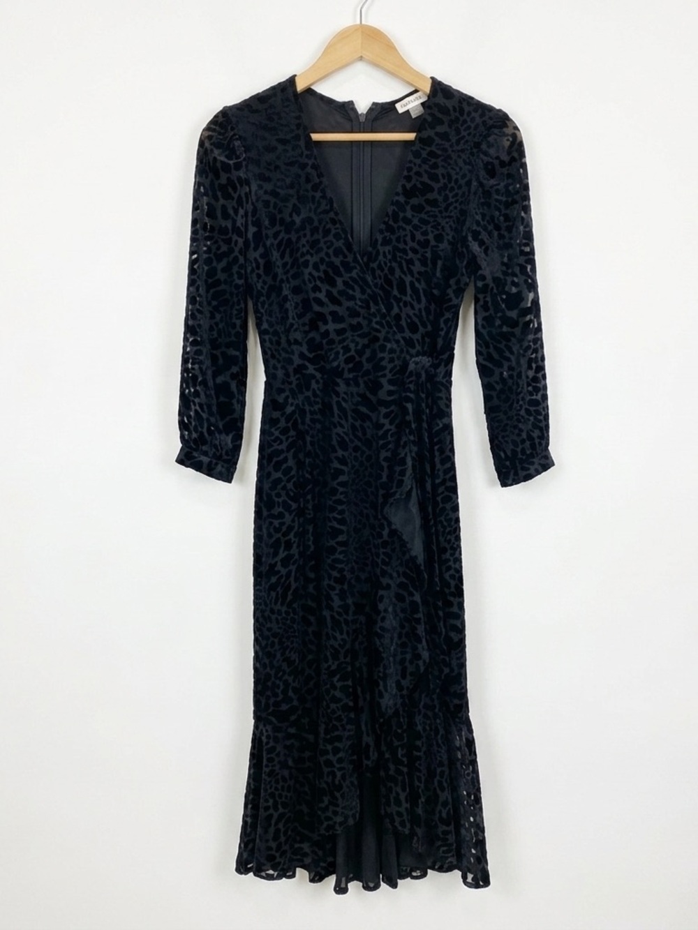 Calvin Klein Black Burnout Velvet Leopard Print Faux Wrap Midi Dress Size 2